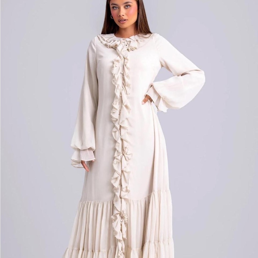 Elegant Cream Ruffle Long Sleeve Dress by Zahraa the Label, modest
